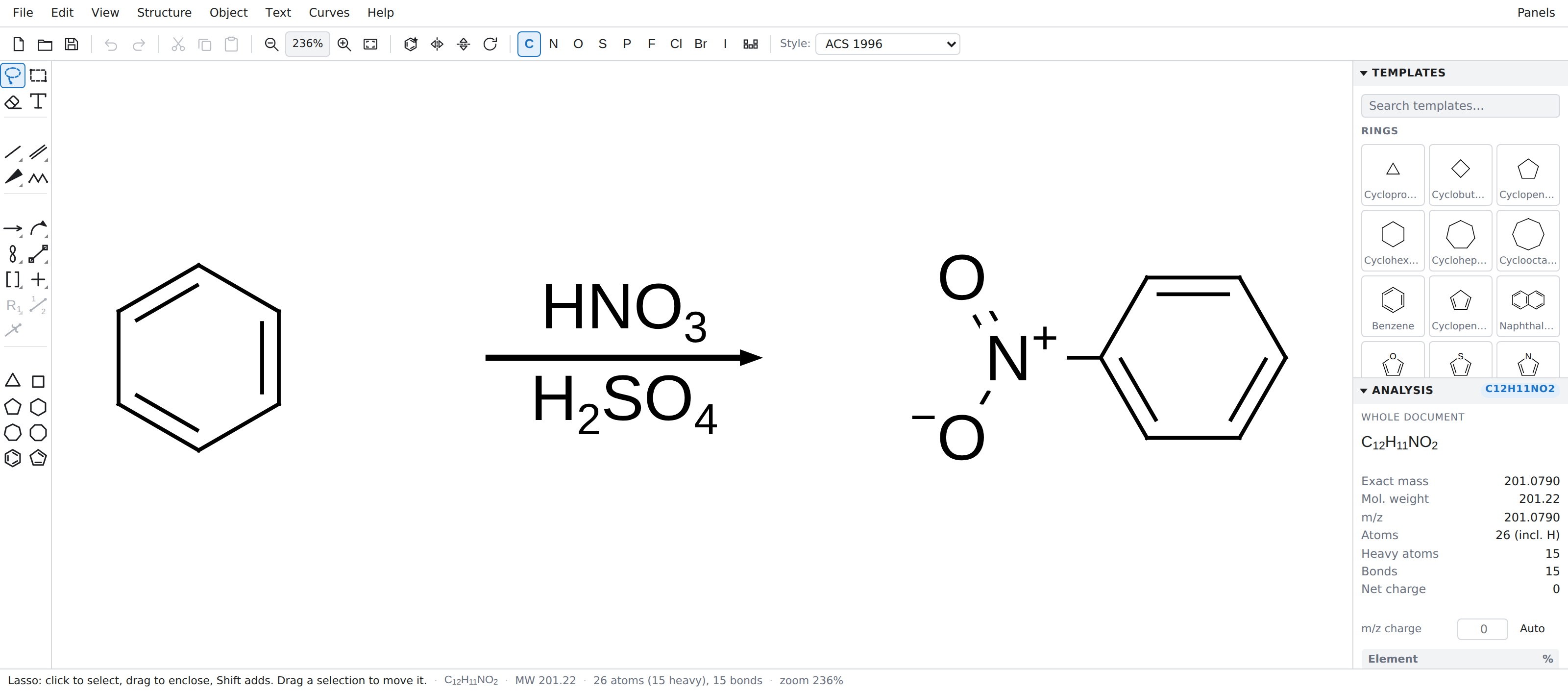 The MolPad window: menu bar, a tool palette down the left edge, a reaction scheme drawn on a white canvas, a docked panel at the right with the ring template library above a live analysis readout, and a status bar along the bottom showing the molecular formula, molecular weight, atom count and bond count.